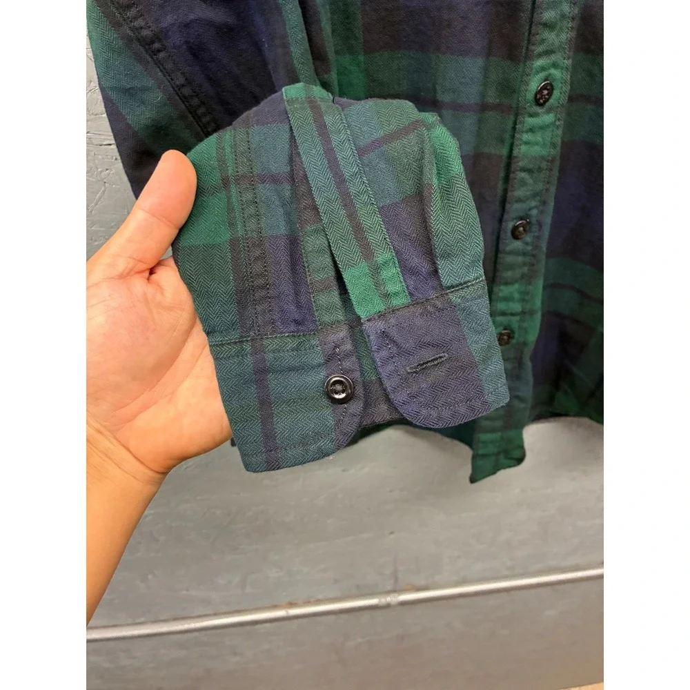 J. Crew Plaid Flannel Button Down Shirt Mens L Green Navy Blue Outdoor Preppy